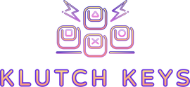 Neon-style logo of 'Klutch Keys' with geometric shapes on a white background