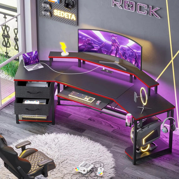 79" Wing-Shaped Gaming Desk with Fabric Drawers, LED Strip, Monitor Shelf & Full Accessories