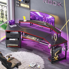 79" Wing-Shaped Gaming Desk with Fabric Drawers, LED Strip, Monitor Shelf & Full Accessories