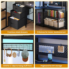 Twin Loft Bed L-Shaped Gaming Desk Storage Hutch Power Outlet Metal Frame RGB Lights Space Saving Teens Black, Customized