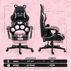Cat Ears Gaming Chair with Cat Paw Lumbar Cushion & Footrest — Black Pink