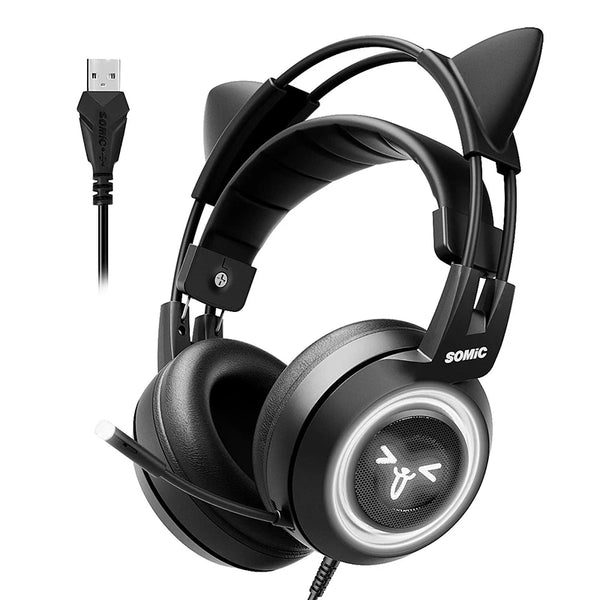 Conelz Cat Ear Gaming Headset — USB 7.1 Surround, LED Breathing Light, Vibration, Mic