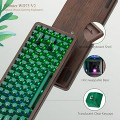 Wireless Mechanical Keyboard — Natural Wood Frame, 60% Layout, Green