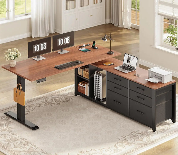 L-Shaped Electric Standing Desk 55" — Height Adjustable, 6 Drawers & Built-In Power Outlets