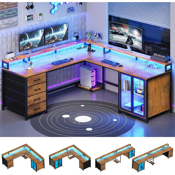 ZHENDAI 109" L-Shaped Gaming Desk with 4 Drawers, Display Cabinet, Monitor Stands & RGB LED