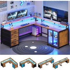 ZHENDAI 109" L-Shaped Gaming Desk with 4 Drawers, Display Cabinet, Monitor Stands & RGB LED
