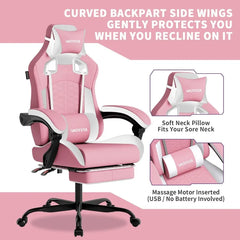 Pink Ergonomic Gaming Chair with Massage Function & Retractable Footrest