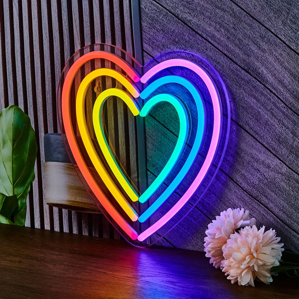 1pc Rainbow Heart LED Neon Sign - USB Powered Wall Decor Light