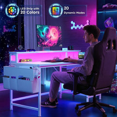 XMSJ 48" Gaming Desk with Power Outlets, LED Strip & Monitor Stand