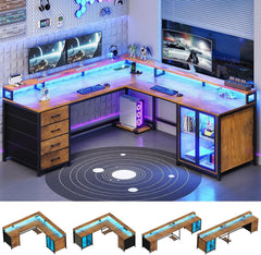 ZHENDAI 109" L-Shaped Gaming Desk with 4 Drawers, Display Cabinet, Monitor Stands & RGB LED
