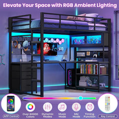 Twin Loft Bed L-Shaped Gaming Desk Storage Hutch Power Outlet Metal Frame RGB Lights Space Saving Teens Black, Customized