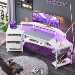 79" Wing-Shaped Gaming Desk with Fabric Drawers, LED Strip, Monitor Shelf & Full Accessories