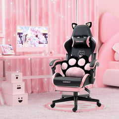 Cat Ears Gaming Chair with Cat Paw Lumbar Cushion & Footrest — Black Pink
