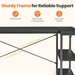JHK 47" L-Shaped Gaming Desk with Reversible 2-Tier Shelves & X-Brace Frame