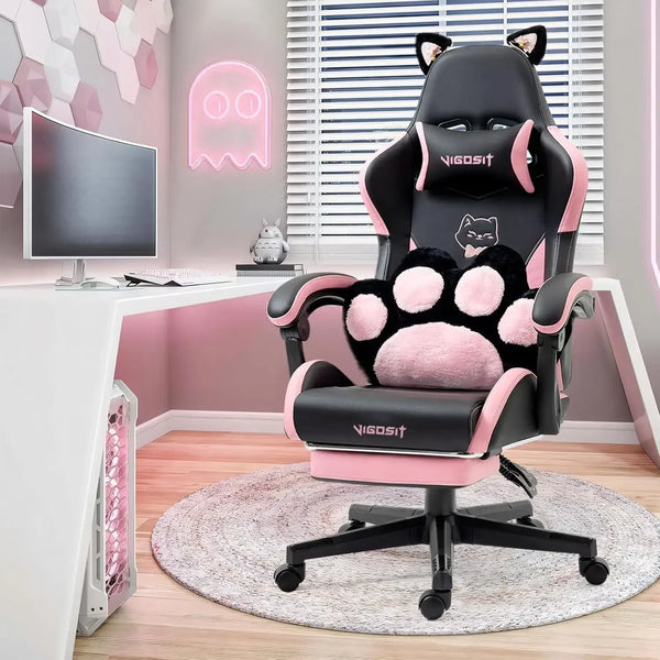Cat Ears Gaming Chair with Cat Paw Lumbar Cushion & Footrest — Black Pink