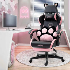 Cat Ears Gaming Chair with Cat Paw Lumbar Cushion & Footrest — Black Pink