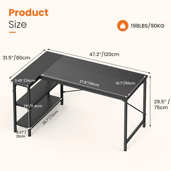 JHK 47" L-Shaped Gaming Desk with Reversible 2-Tier Shelves & X-Brace Frame