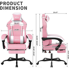 Pink Ergonomic Gaming Chair with Massage Function & Retractable Footrest