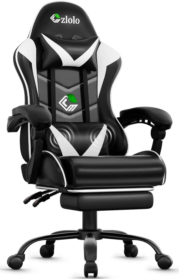 Racing Style Gaming Chair with Vibrating Lumbar Massager, Neck Pillow & Footrest