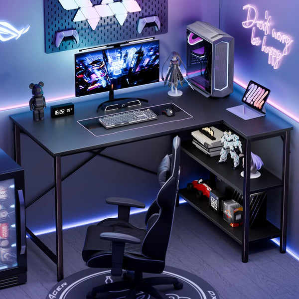 JHK 47" L-Shaped Gaming Desk with Reversible 2-Tier Shelves & X-Brace Frame