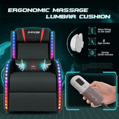 Ergonomic Gaming Recliner Chair with RGB LED Lighting & Waist Massager