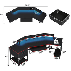 79" Wing-Shaped Gaming Desk with Fabric Drawers, LED Strip, Monitor Shelf & Full Accessories