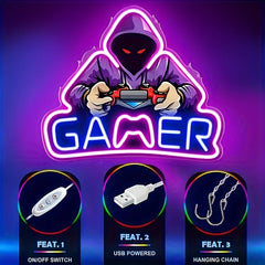 GAMER Neon Sign Suitable for Game Rooms USB Powered Wall MultiColor RGB