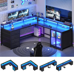 ZHENDAI 109" L-Shaped Gaming Desk with 4 Drawers, Display Cabinet, Monitor Stands & RGB LED