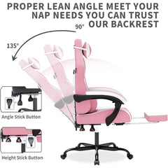 Pink Ergonomic Gaming Chair with Massage Function & Retractable Footrest