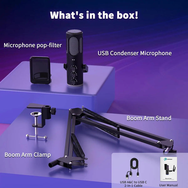 PUPGSIS Gaming USB Microphone Noise Cancellation Condenser Mic with Mute