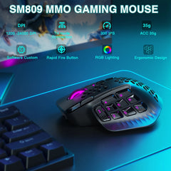 SOLAKAKA SM809 Pro Tri-Mode MMO Gaming Mouse — PAW3311, 16 Buttons, 350H Battery