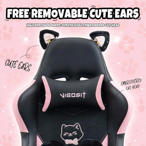 Cat Ears Gaming Chair with Cat Paw Lumbar Cushion & Footrest — Black Pink
