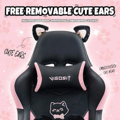 Cat Ears Gaming Chair with Cat Paw Lumbar Cushion & Footrest — Black Pink