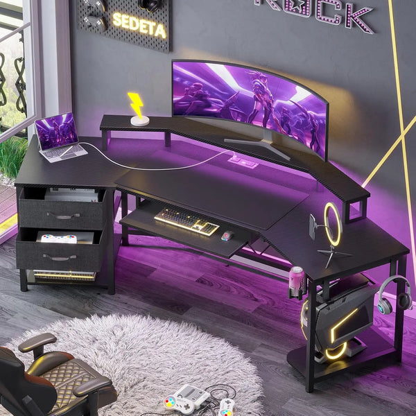 79" Wing-Shaped Gaming Desk with Fabric Drawers, LED Strip, Monitor Shelf & Full Accessories