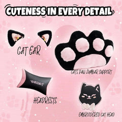 Cat Ears Gaming Chair with Cat Paw Lumbar Cushion & Footrest — Black Pink