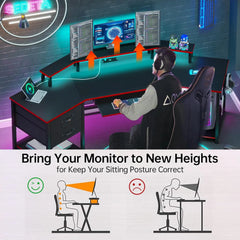 79" Wing-Shaped Gaming Desk with Fabric Drawers, LED Strip, Monitor Shelf & Full Accessories