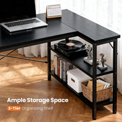 JHK 47" L-Shaped Gaming Desk with Reversible 2-Tier Shelves & X-Brace Frame