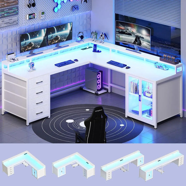 ZHENDAI 109" L-Shaped Gaming Desk with 4 Drawers, Display Cabinet, Monitor Stands & RGB LED
