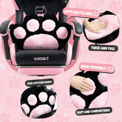Cat Ears Gaming Chair with Cat Paw Lumbar Cushion & Footrest — Black Pink