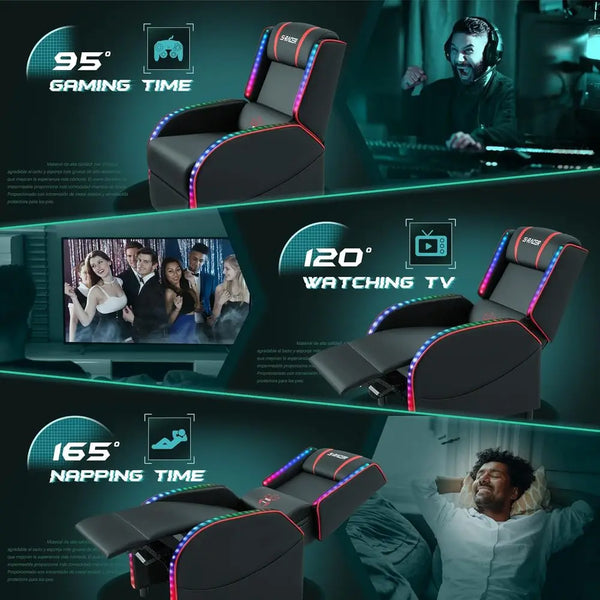 Ergonomic Gaming Recliner Chair with RGB LED Lighting & Waist Massager