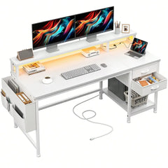 XMSJ 48" Gaming Desk with Power Outlets, LED Strip & Monitor Stand