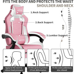 Pink Ergonomic Gaming Chair with Massage Function & Retractable Footrest