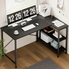 JHK 47" L-Shaped Gaming Desk with Reversible 2-Tier Shelves & X-Brace Frame