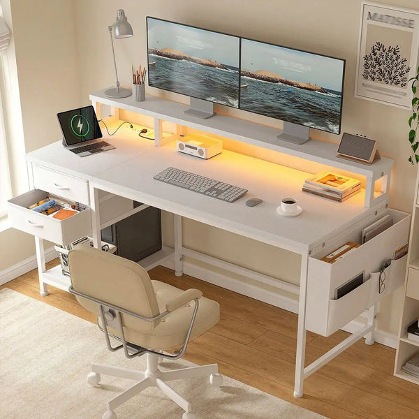 XMSJ 48" Gaming Desk with Power Outlets, LED Strip & Monitor Stand