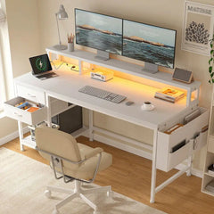 XMSJ 48" Gaming Desk with Power Outlets, LED Strip & Monitor Stand