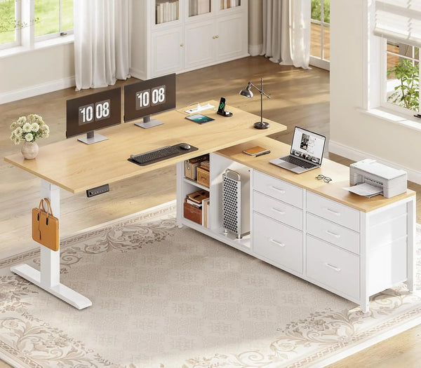 L-Shaped Electric Standing Desk 55" — Height Adjustable, 6 Drawers & Built-In Power Outlets